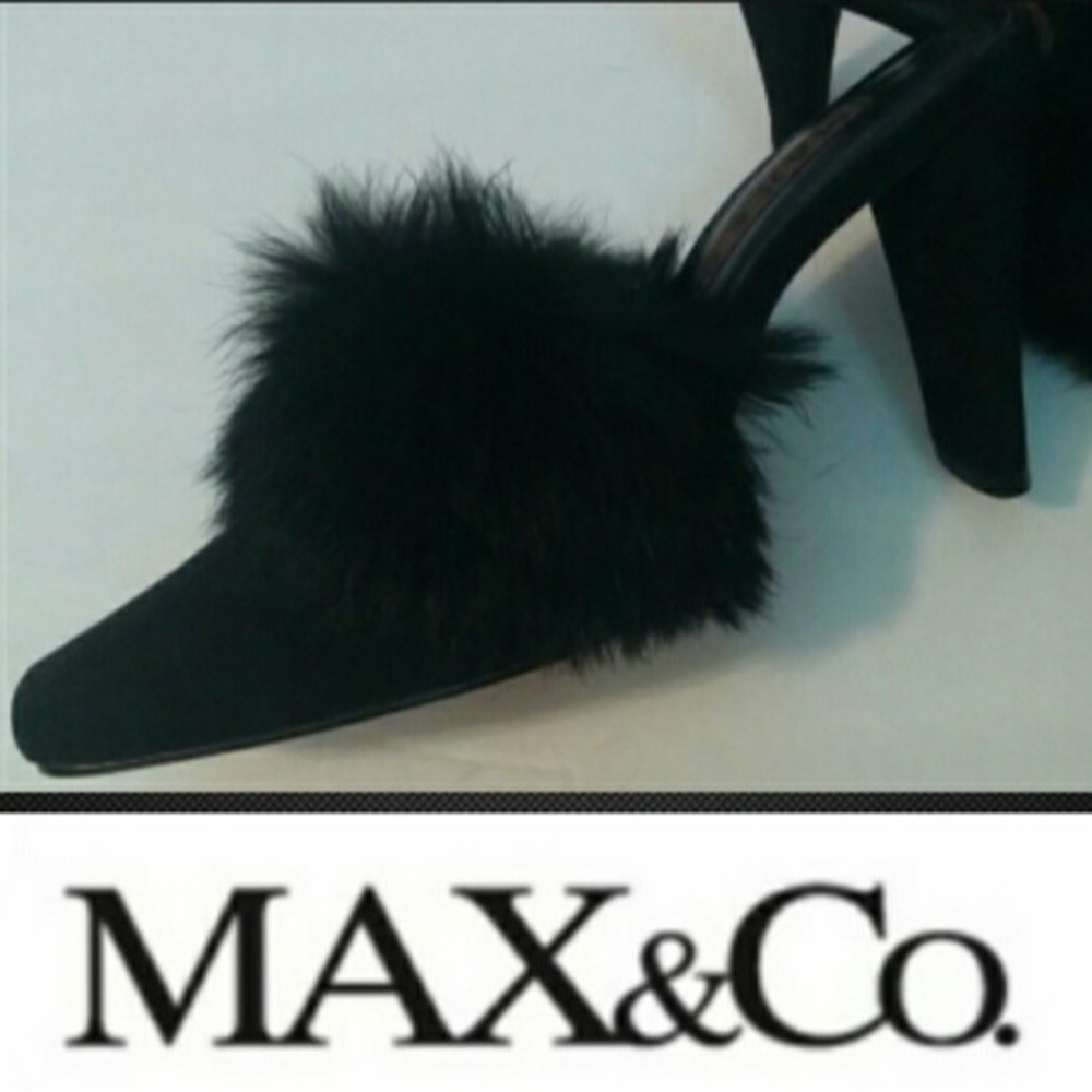 MAX&Co Heeled Mule Shoes REAL FUR Suede Uppers Slip on BLACK 4" HEELS SIZE 35
